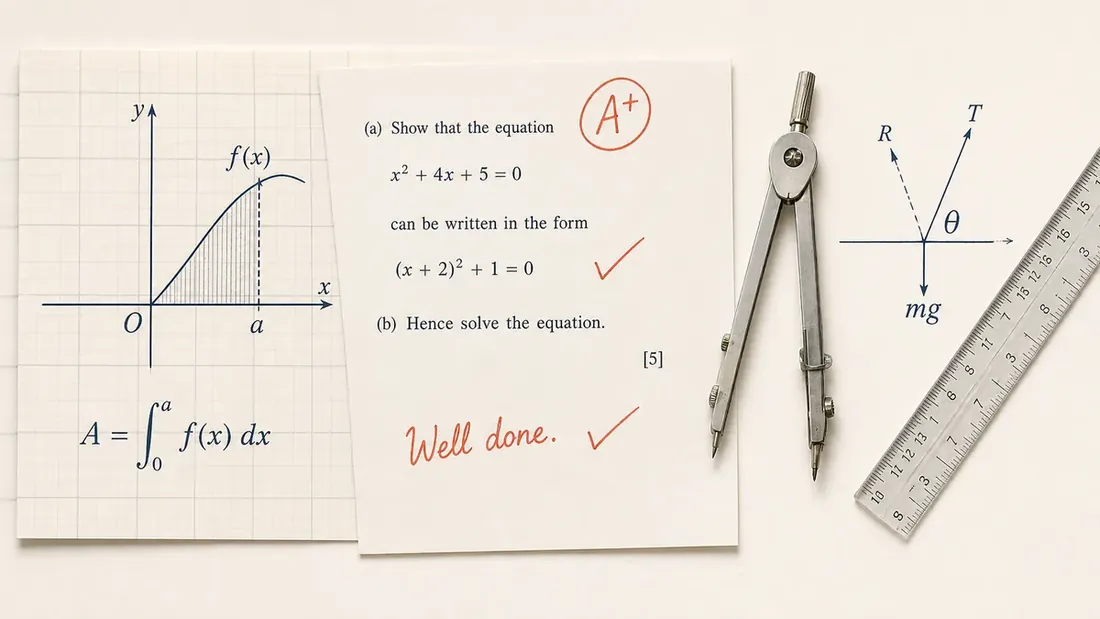 A marked mathematics exam paper with a plotted curve, a quadratic to complete the square, examiner ticks and an A-plus, beside drafting compasses and a ruler.